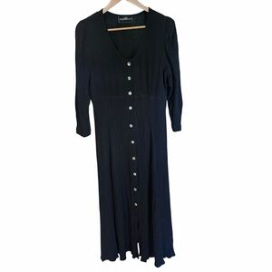 Vtg Molly Malloy Black Button Front Maxi Dress 3/4 Sleeve Crinkle Cottagecore S